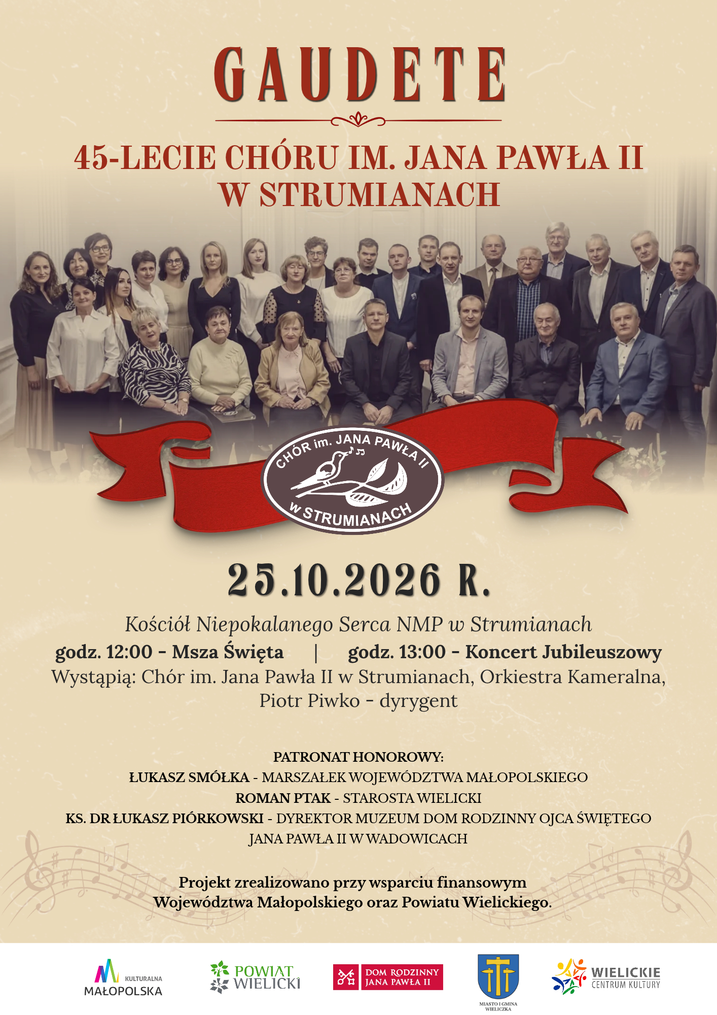 Plakat koncertu „Gaudete” z okazji 45-lecia Chóru im. Jana Pawła II w Strumianach, 25 października 2026