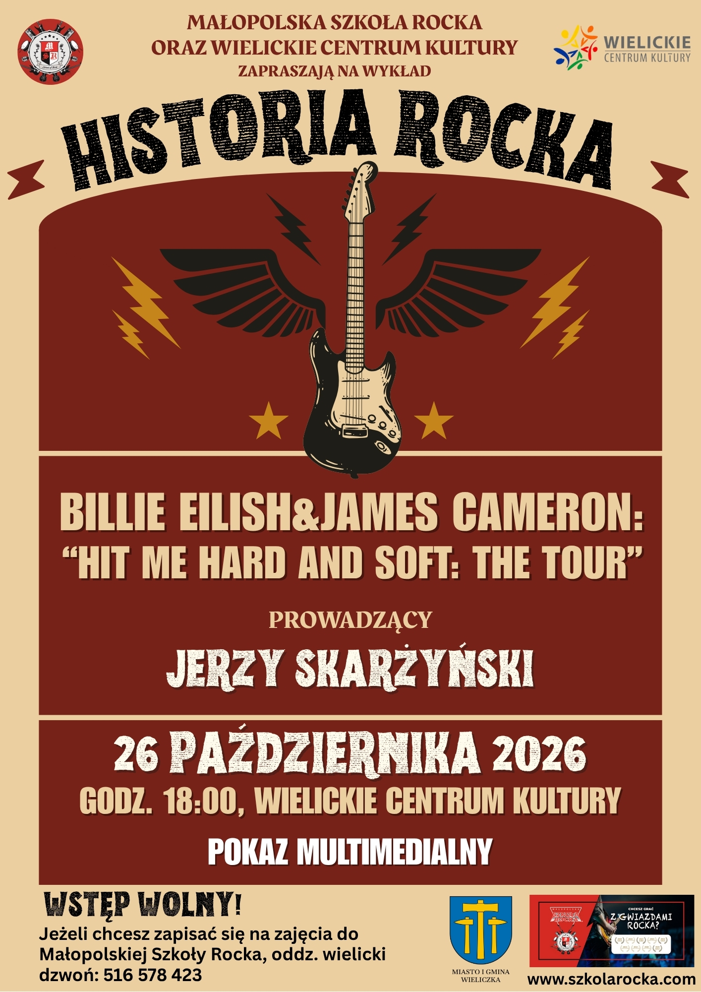 Plakat wykładu „Historia rocka” o trasie Billie Eilish w Wielickim Centrum Kultury, 26 października 2026