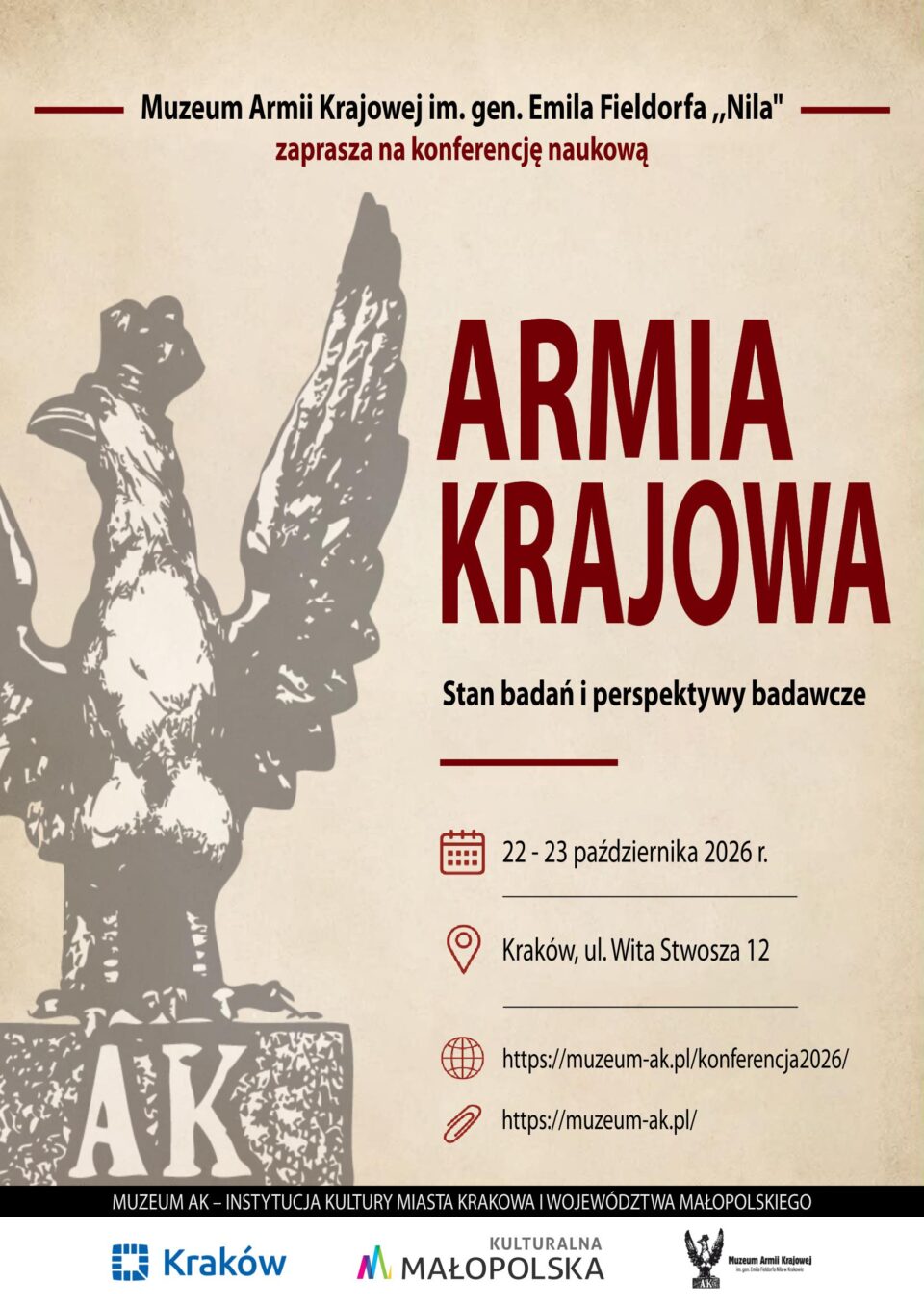 Plakat konferencji „Armia Krajowa – stan badań i perspektywy badawcze”, Muzeum AK, 22–23.10.2026