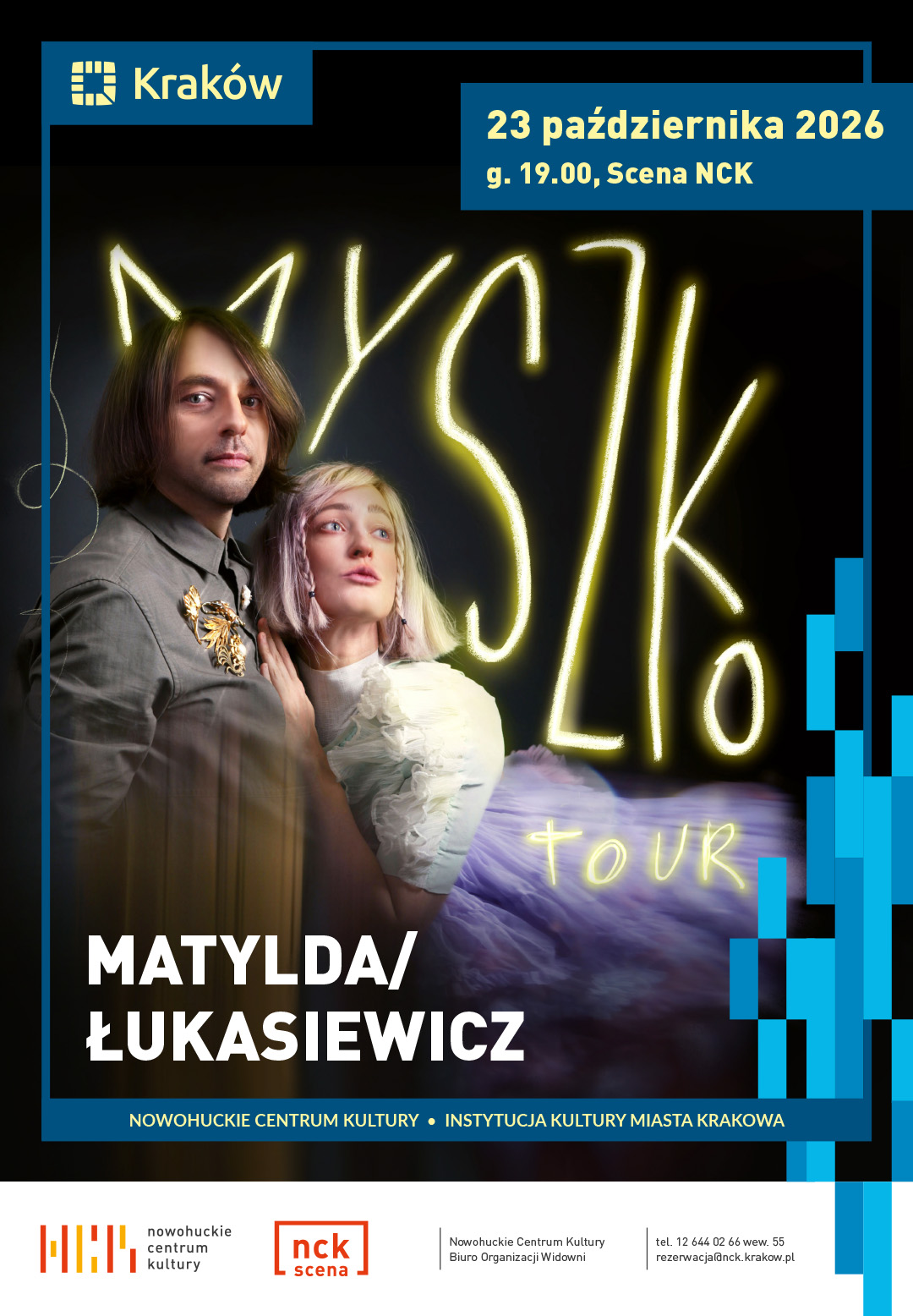 Plakat koncertu Matylda/Łukasiewicz – Myszko tour w NCK w Krakowie, 23 października 2026