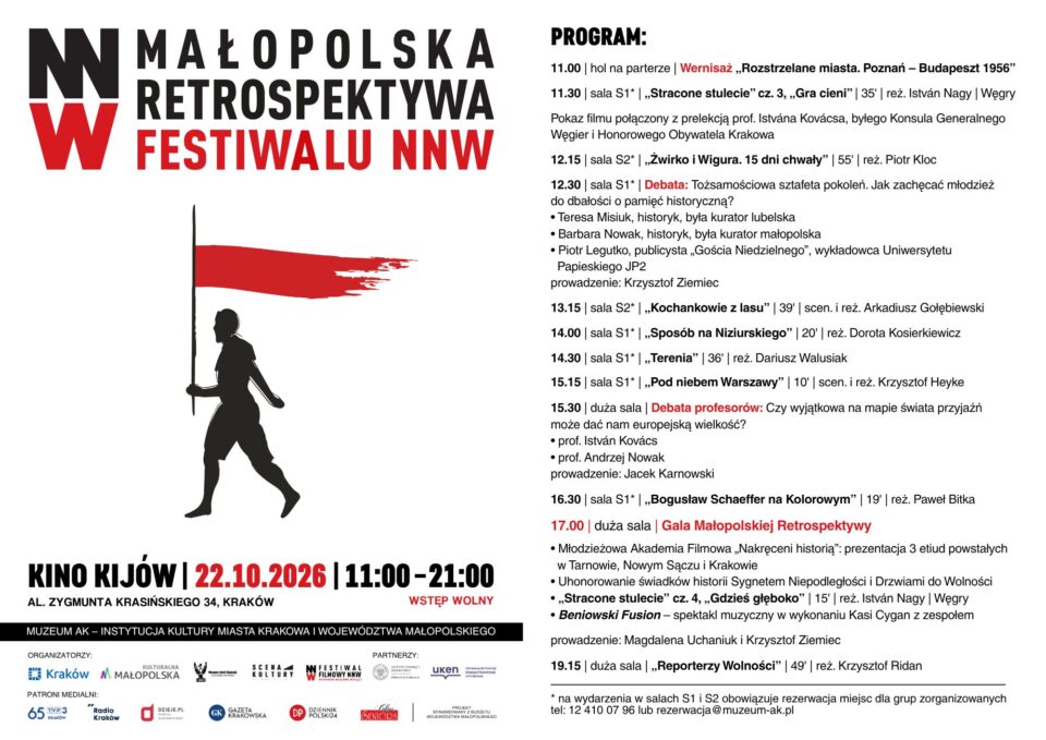 Plakat finału Małopolskiej Retrospektywy Festiwalu NNW w Kinie Kijów, 22.10.2026, z programem