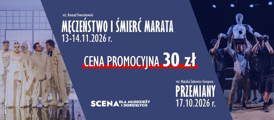 Grafika Teatru Groteska zapowiadająca spektakle „Przemiany” i „Męczeństwo i śmierć Marata”