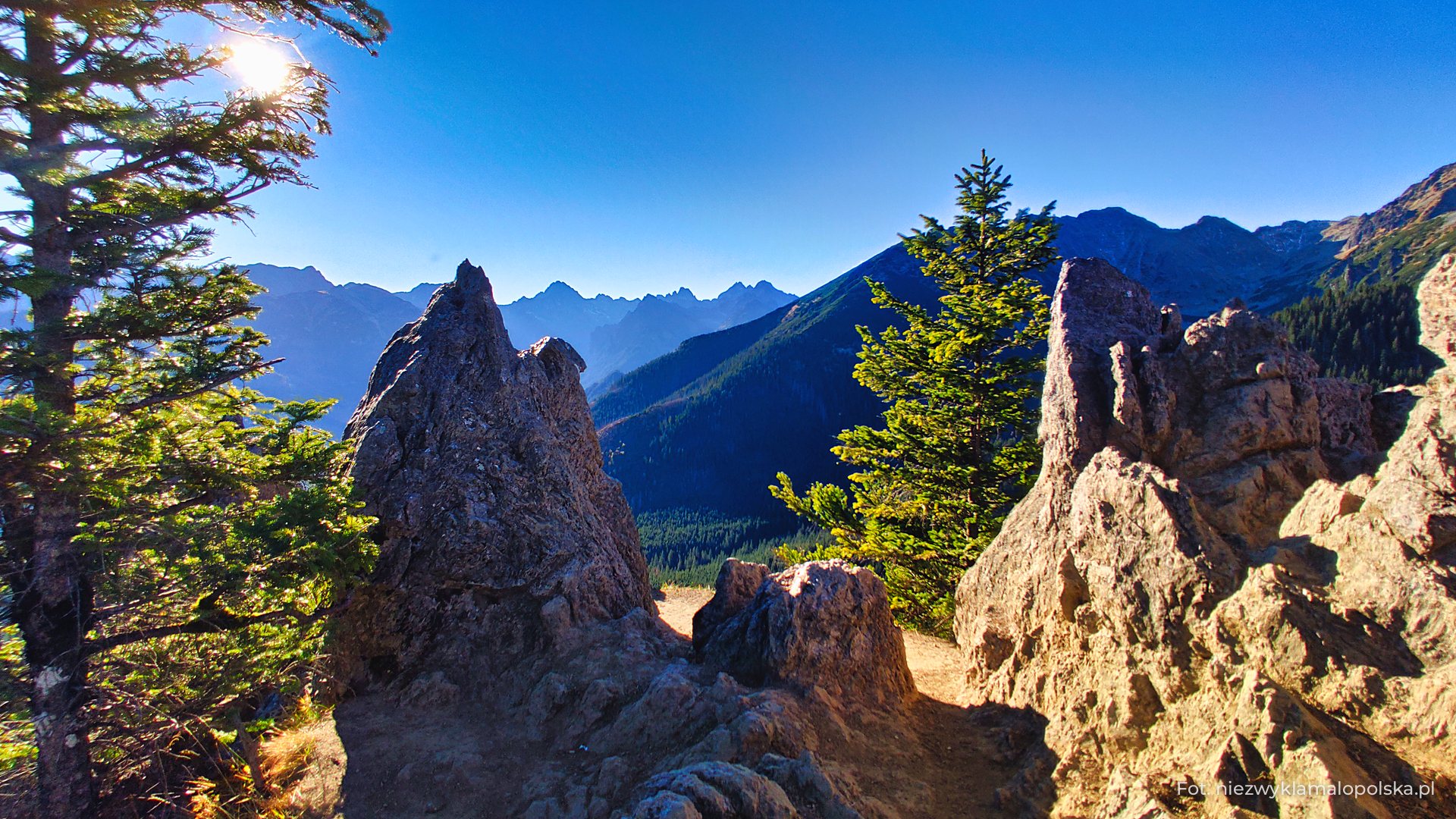 Rocks on the summit of Gęsia Szyja in the Tatra Mountains with a view of the High Tatras ridge