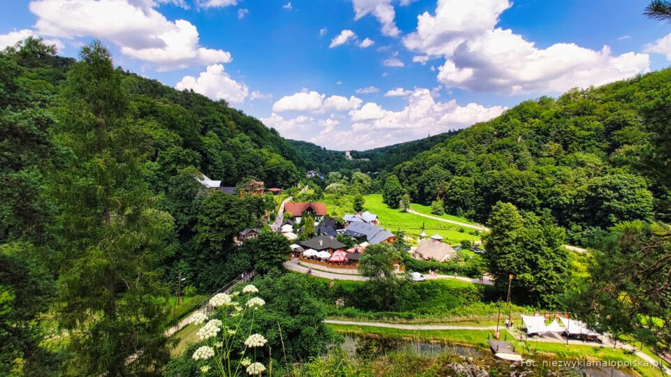 The green Prądnik Valley and the village of Ojców seen from above in summer