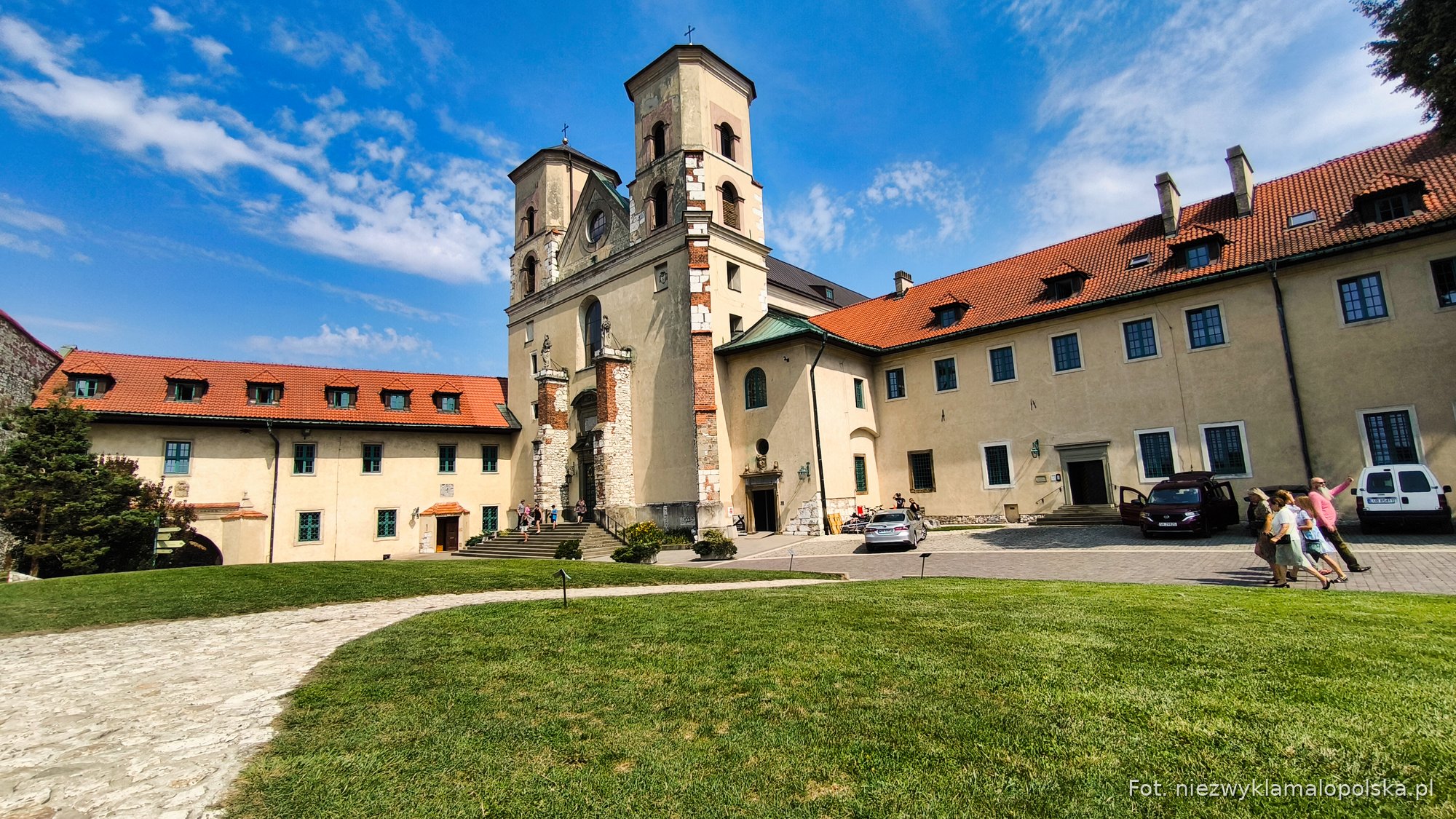 Baroque church of the Benedictine abbey in Tyniec seen from the green courtyard