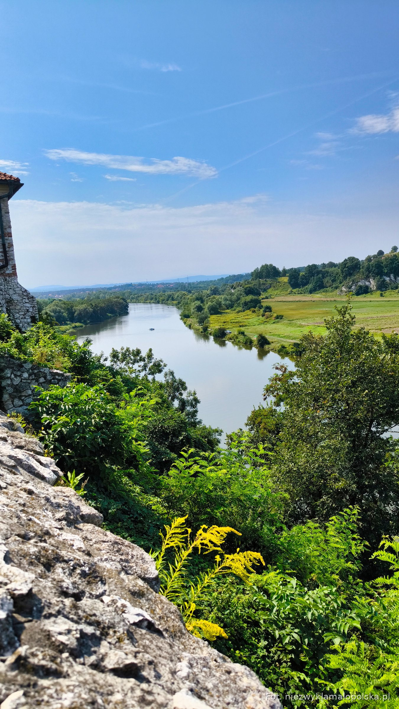 View from the Tyniec cliff down to the Vistula river winding through green meadows